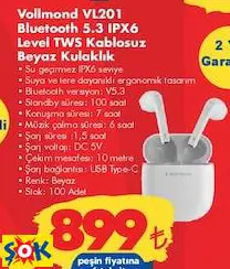 VOLLMOND VL201 BLUETOOTH 5.3 IPX6 LEVEL TWS KABLOSUZ BEYAZ KULAKLIK VOLLMOND VL201 BLUETOOTH 5.3 IPX6 LEVEL TWS KABLOSUZ BEYAZ KULAKLIK